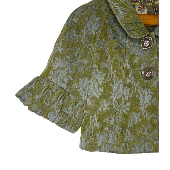 Ivy Jane Jacquard Coat Balloon Sleeves Jacket Green Blue Jeweled Buttons Size: S - Picture 5 of 7